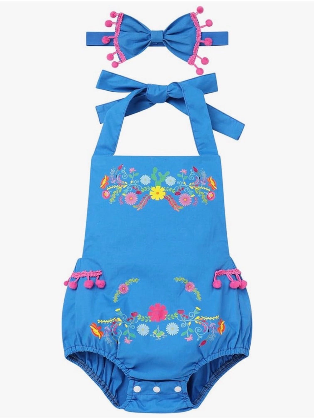 Blue Floral Embroidered Baby Romper with Pink Pom Headband